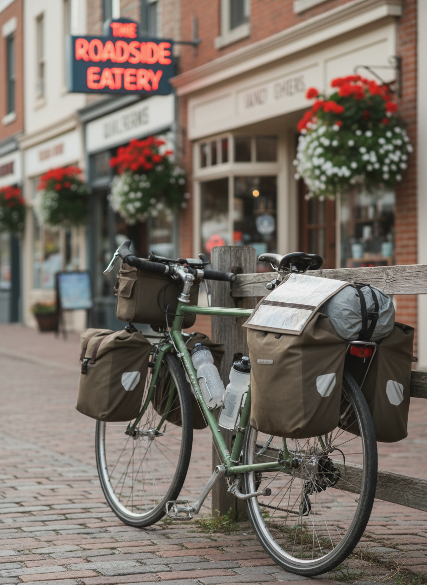 A close-up, photographic view of a touring bicycle leaned gently against a rustic wooden rail fence at the edge of a small North American town’s main street. The frame is dusty from miles of travel, with well-worn panniers, a map tucked into a clear handlebar case, and a water bottle beaded with condensation. Across the street, slightly blurred storefronts with brick facades, hanging flower baskets, and a classic diner sign create a charming backdrop. Soft overcast afternoon light keeps colors natural and muted, with gentle reflections on the bike’s metal components. Shot at eye level with a shallow depth of field so the bike is in crisp focus while the town fades into creamy bokeh, suggesting pause, rest, and quiet storytelling between long cycling days.