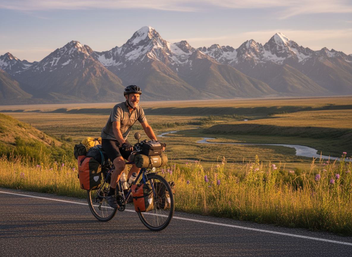 A middle-aged man on a fully loaded touring bicycle on a scenic open road, mountains in the background