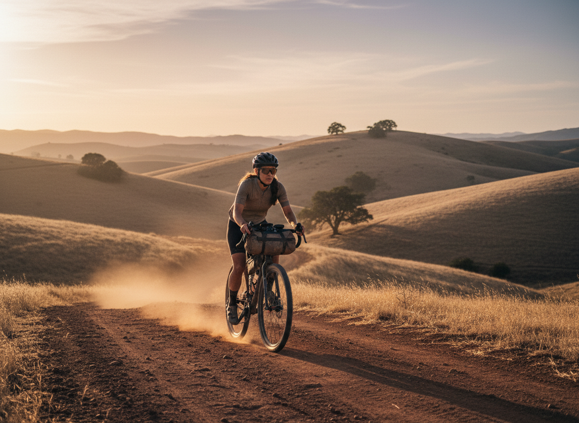 A woman in her 30s riding a gravel bike on a dusty trail through rolling hills, golden hour light