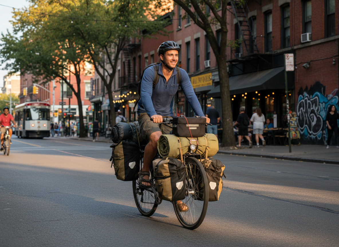 A young man in his 20s cycling through a city street with panniers on his bike