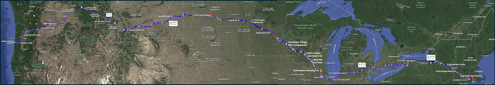 Route map for the cross-country bicycle journey